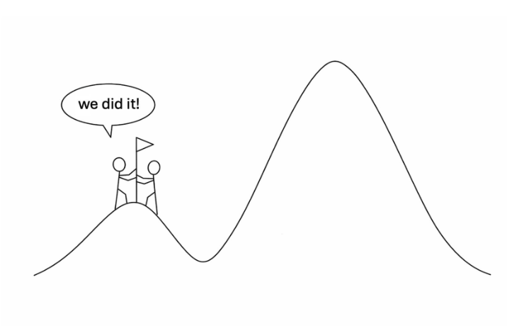 Simple line drawing of two people celebrating on a small hill while a much larger hill remains ahead
