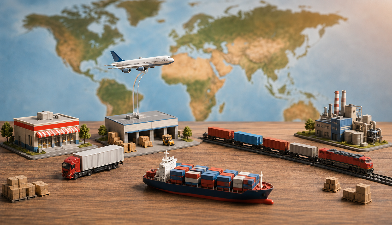 Miniature supply chain scene with retail, warehouse, factory, cargo ship, train, truck, and plane against a world map