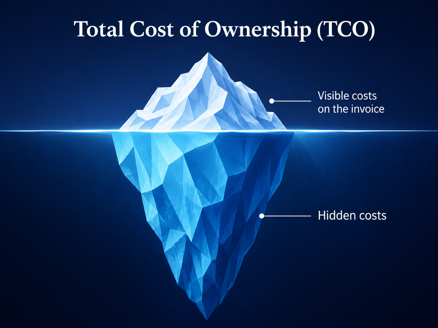 Iceberg visual for Total Cost of Ownership showing visible costs on the invoice above the waterline and hidden costs below it